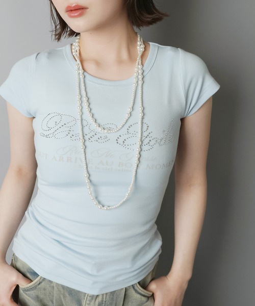 SPINNS(スピンズ)の「半袖ピタTシャツ/ラインストーンロゴ(Tシャツ/カットソー・レディース・オフホワイト/ブラック/サックスブルー/ネイビー・ONESIZE)」の20枚目の写真