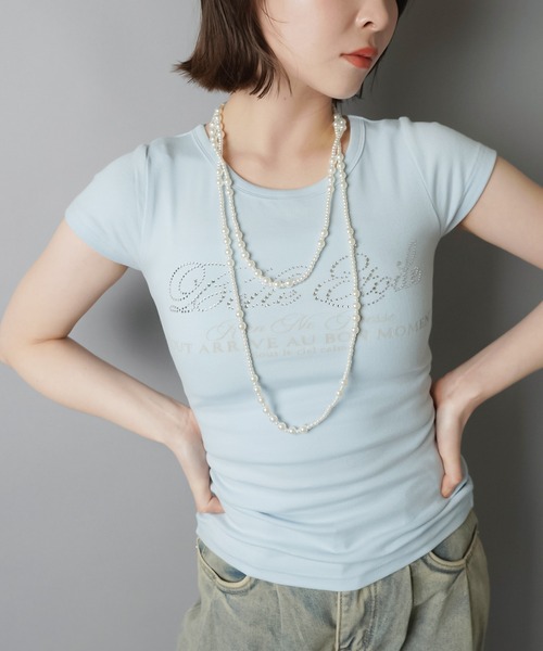 SPINNS(スピンズ)の「半袖ピタTシャツ/ラインストーンロゴ(Tシャツ/カットソー・レディース・オフホワイト/ブラック/サックスブルー/ネイビー・ONESIZE)」の21枚目の写真