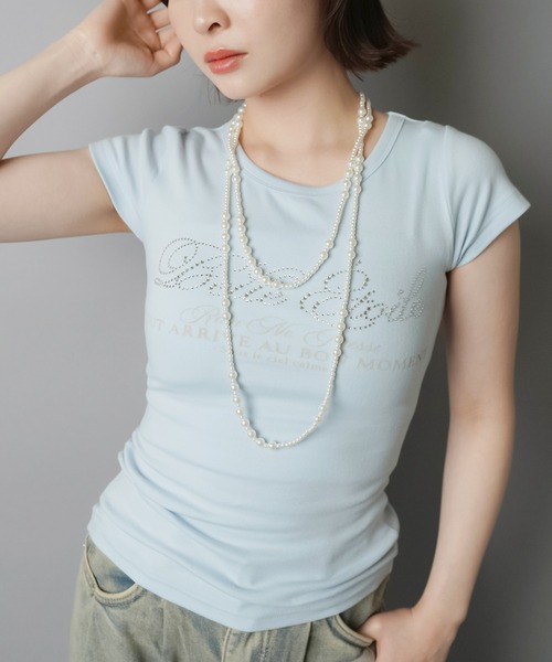 SPINNS(スピンズ)の「半袖ピタTシャツ/ラインストーンロゴ(Tシャツ/カットソー・レディース・オフホワイト/ブラック/サックスブルー/ネイビー・ONESIZE)」の19枚目の写真