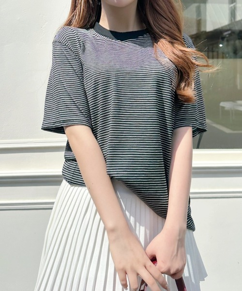 Ada.(エイダ)の「ミジンコボーダー 胸刺繍ロゴ 半袖Tシャツ(Tシャツ/カットソー・レディース・ブラック/ホワイト/グリーン・FREE)」の9枚目の写真