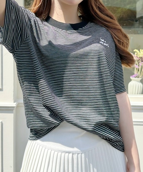 Ada.(エイダ)の「ミジンコボーダー 胸刺繍ロゴ 半袖Tシャツ(Tシャツ/カットソー・レディース・ブラック/ホワイト/グリーン・FREE)」の8枚目の写真