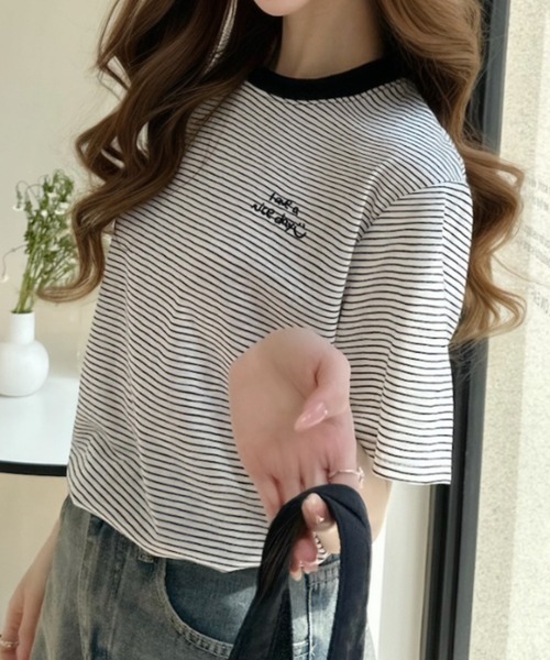 Ada.(エイダ)の「ミジンコボーダー 胸刺繍ロゴ 半袖Tシャツ(Tシャツ/カットソー・レディース・ブラック/ホワイト/グリーン・FREE)」の5枚目の写真