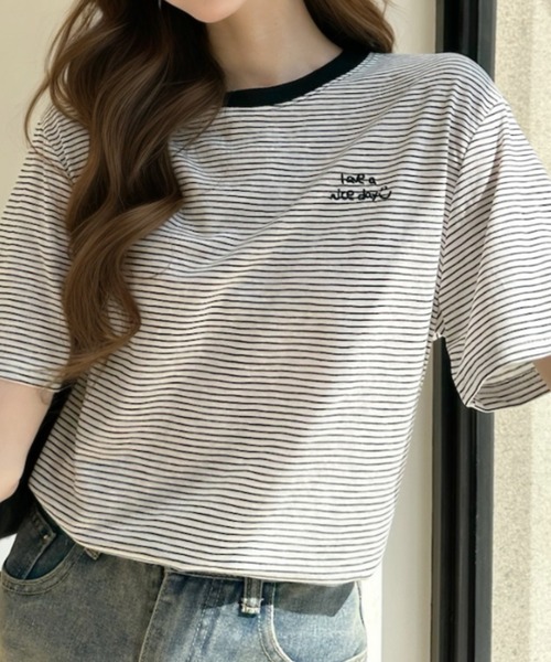 Ada.(エイダ)の「ミジンコボーダー 胸刺繍ロゴ 半袖Tシャツ(Tシャツ/カットソー・レディース・ブラック/ホワイト/グリーン・FREE)」の4枚目の写真