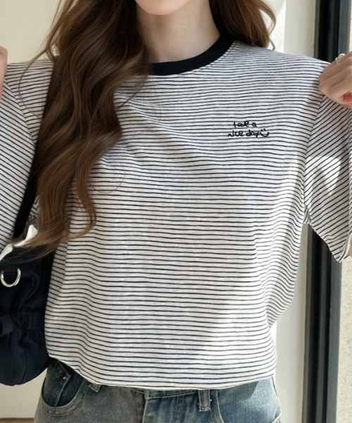 Ada.(エイダ)の「ミジンコボーダー 胸刺繍ロゴ 半袖Tシャツ(Tシャツ/カットソー・レディース・ブラック/ホワイト/グリーン・FREE)」の16枚目の写真