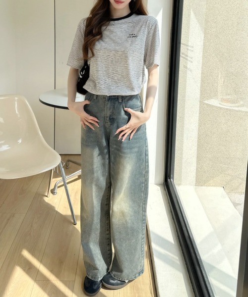 Ada.(エイダ)の「ミジンコボーダー 胸刺繍ロゴ 半袖Tシャツ(Tシャツ/カットソー・レディース・ブラック/ホワイト/グリーン・FREE)」の6枚目の写真