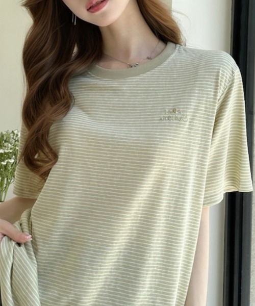 Ada.(エイダ)の「ミジンコボーダー 胸刺繍ロゴ 半袖Tシャツ(Tシャツ/カットソー・レディース・ブラック/ホワイト/グリーン・FREE)」の21枚目の写真