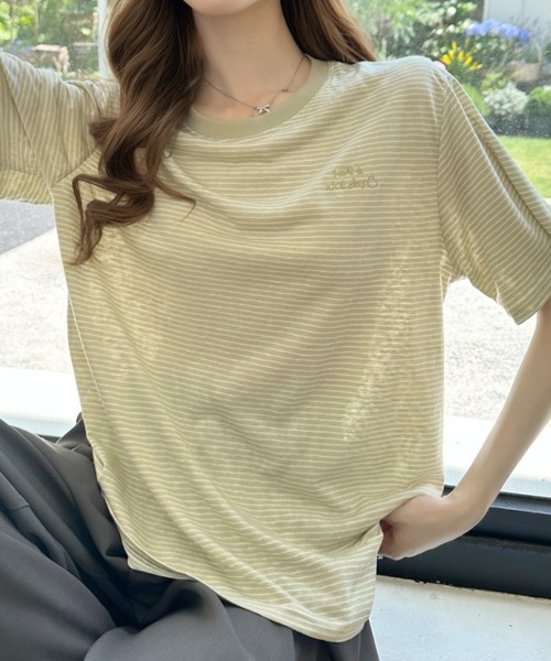 Ada.(エイダ)の「ミジンコボーダー 胸刺繍ロゴ 半袖Tシャツ(Tシャツ/カットソー・レディース・ブラック/ホワイト/グリーン・FREE)」の12枚目の写真