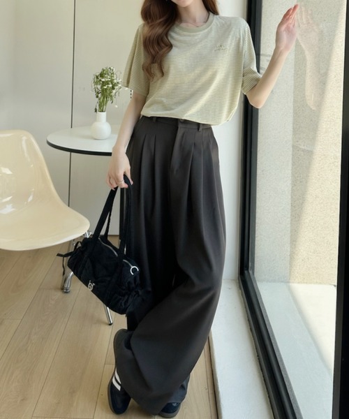 Ada.(エイダ)の「ミジンコボーダー 胸刺繍ロゴ 半袖Tシャツ(Tシャツ/カットソー・レディース・ブラック/ホワイト/グリーン・FREE)」の15枚目の写真
