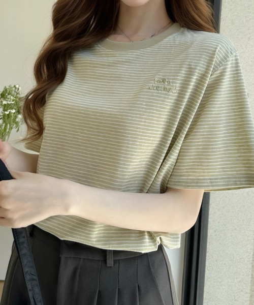 Ada.(エイダ)の「ミジンコボーダー 胸刺繍ロゴ 半袖Tシャツ(Tシャツ/カットソー・レディース・ブラック/ホワイト/グリーン・FREE)」の13枚目の写真