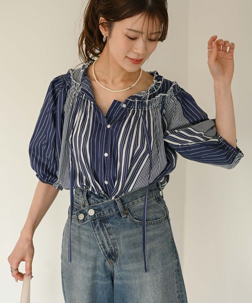 Muffiny(マフィニー)の「フリルネック パフスリーブストライプブラウス(シャツ/ブラウス・レディース・ライトブルー/ネイビー/ブラック/ブルー・MEDIUM)」の19枚目の写真
