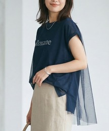 Roxane チュールレイヤードロゴTシャツ レディース フレンチスリーブ シアー切替 ゆったり体型カバー 半袖トップス