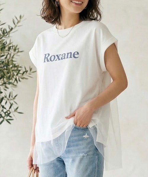 MULEXS(ミューレクス)の「Roxane チュールレイヤードロゴTシャツ レディース フレンチスリーブ シアー切替 ゆったり体型カバー 半袖トップス(Tシャツ/カットソー・レディース・ネイビー/イエロー/ホワイト・M/L)」の2枚目の写真
