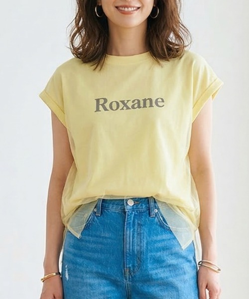 MULEXS(ミューレクス)の「Roxane チュールレイヤードロゴTシャツ レディース フレンチスリーブ シアー切替 ゆったり体型カバー 半袖トップス(Tシャツ/カットソー・レディース・ネイビー/イエロー/ホワイト・M/L)」の3枚目の写真