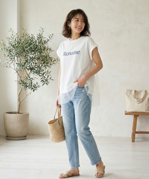 MULEXS(ミューレクス)の「Roxane チュールレイヤードロゴTシャツ レディース フレンチスリーブ シアー切替 ゆったり体型カバー 半袖トップス(Tシャツ/カットソー・レディース・ネイビー/イエロー/ホワイト・M/L)」の17枚目の写真