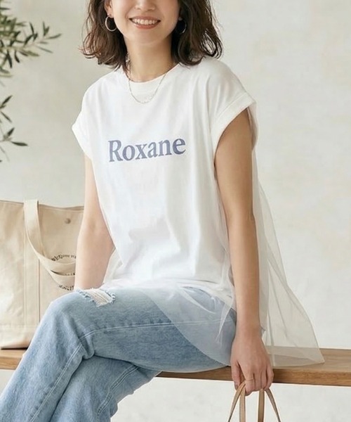 MULEXS(ミューレクス)の「Roxane チュールレイヤードロゴTシャツ レディース フレンチスリーブ シアー切替 ゆったり体型カバー 半袖トップス(Tシャツ/カットソー・レディース・ネイビー/イエロー/ホワイト・M/L)」の6枚目の写真