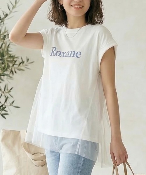 MULEXS(ミューレクス)の「Roxane チュールレイヤードロゴTシャツ レディース フレンチスリーブ シアー切替 ゆったり体型カバー 半袖トップス(Tシャツ/カットソー・レディース・ネイビー/イエロー/ホワイト・M/L)」の5枚目の写真