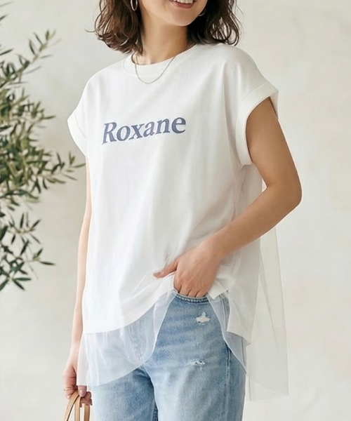 MULEXS(ミューレクス)の「Roxane チュールレイヤードロゴTシャツ レディース フレンチスリーブ シアー切替 ゆったり体型カバー 半袖トップス(Tシャツ/カットソー・レディース・ネイビー/イエロー/ホワイト・M/L)」の4枚目の写真