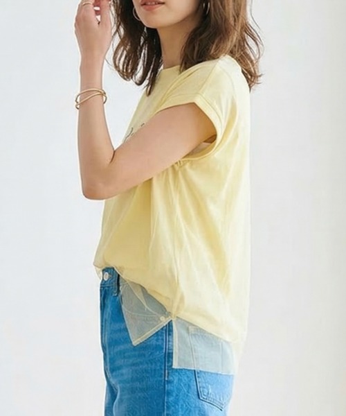 MULEXS(ミューレクス)の「Roxane チュールレイヤードロゴTシャツ レディース フレンチスリーブ シアー切替 ゆったり体型カバー 半袖トップス(Tシャツ/カットソー・レディース・ネイビー/イエロー/ホワイト・M/L)」の10枚目の写真