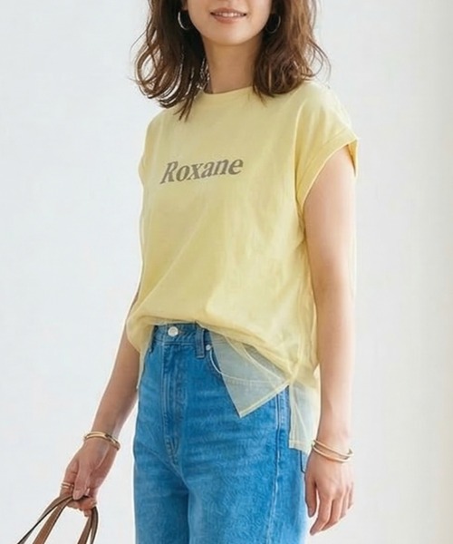 MULEXS(ミューレクス)の「Roxane チュールレイヤードロゴTシャツ レディース フレンチスリーブ シアー切替 ゆったり体型カバー 半袖トップス(Tシャツ/カットソー・レディース・ネイビー/イエロー/ホワイト・M/L)」の8枚目の写真