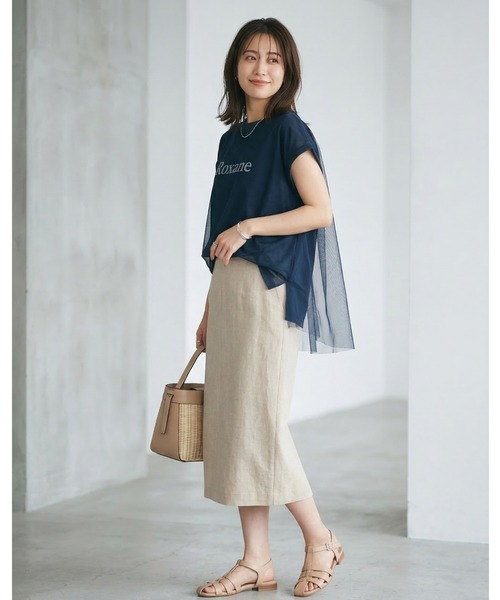 MULEXS(ミューレクス)の「Roxane チュールレイヤードロゴTシャツ レディース フレンチスリーブ シアー切替 ゆったり体型カバー 半袖トップス(Tシャツ/カットソー・レディース・ネイビー/イエロー/ホワイト・M/L)」の14枚目の写真