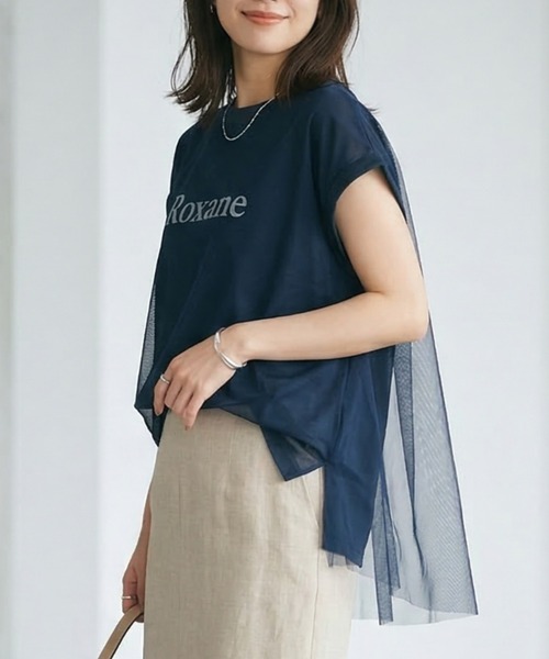 MULEXS(ミューレクス)の「Roxane チュールレイヤードロゴTシャツ レディース フレンチスリーブ シアー切替 ゆったり体型カバー 半袖トップス(Tシャツ/カットソー・レディース・ネイビー/イエロー/ホワイト・M/L)」の12枚目の写真