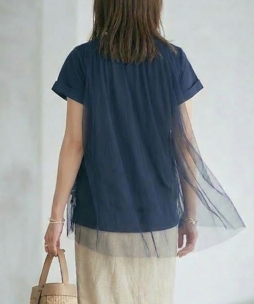 MULEXS(ミューレクス)の「Roxane チュールレイヤードロゴTシャツ レディース フレンチスリーブ シアー切替 ゆったり体型カバー 半袖トップス(Tシャツ/カットソー・レディース・ネイビー/イエロー/ホワイト・M/L)」の13枚目の写真