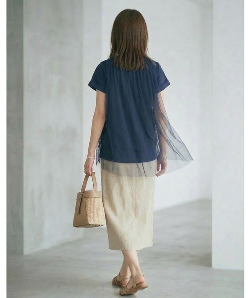 MULEXS(ミューレクス)の「Roxane チュールレイヤードロゴTシャツ レディース フレンチスリーブ シアー切替 ゆったり体型カバー 半袖トップス(Tシャツ/カットソー・レディース・ネイビー/イエロー/ホワイト・M/L)」の16枚目の写真