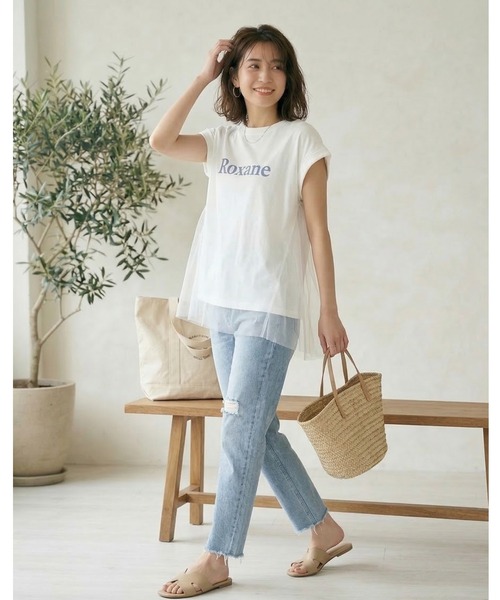 MULEXS(ミューレクス)の「Roxane チュールレイヤードロゴTシャツ レディース フレンチスリーブ シアー切替 ゆったり体型カバー 半袖トップス(Tシャツ/カットソー・レディース・ネイビー/イエロー/ホワイト・M/L)」の18枚目の写真