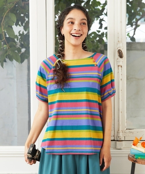 Jocomomola(ホコモモラ)の「【接触冷感】シルケット天竺ボーダーTシャツ(Tシャツ/カットソー・レディース・パープル/ブラック・40)」の1枚目の写真
