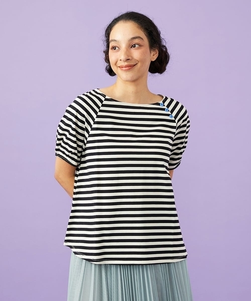 Jocomomola(ホコモモラ)の「【接触冷感】シルケット天竺ボーダーTシャツ(Tシャツ/カットソー・レディース・パープル/ブラック・40)」の11枚目の写真