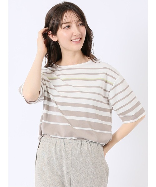 m.f.editorial(エムエフエディトリアル)の「【リラックス ややゆったり パネルボーダー】m.f.エディトリアル レディース レーヨン混 クルーネック 半袖 プルオーバー(Tシャツ/カットソー・レディース・ベージュ/ネイビー・MEDIUM/LARGE)」の1枚目の写真