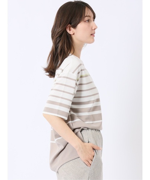 m.f.editorial(エムエフエディトリアル)の「【リラックス ややゆったり パネルボーダー】m.f.エディトリアル レディース レーヨン混 クルーネック 半袖 プルオーバー(Tシャツ/カットソー・レディース・ベージュ/ネイビー・MEDIUM/LARGE)」の17枚目の写真