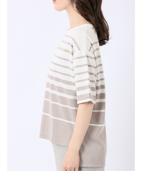 m.f.editorial(エムエフエディトリアル)の「【リラックス ややゆったり パネルボーダー】m.f.エディトリアル レディース レーヨン混 クルーネック 半袖 プルオーバー(Tシャツ/カットソー・レディース・ベージュ/ネイビー・MEDIUM/LARGE)」の14枚目の写真