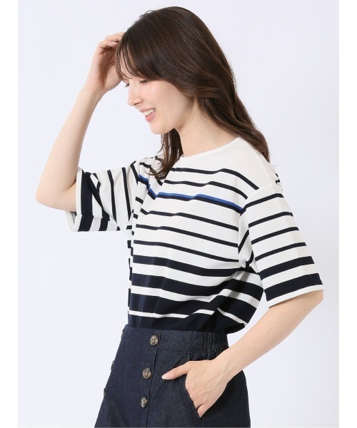 m.f.editorial(エムエフエディトリアル)の「【リラックス ややゆったり パネルボーダー】m.f.エディトリアル レディース レーヨン混 クルーネック 半袖 プルオーバー(Tシャツ/カットソー・レディース・ベージュ/ネイビー・MEDIUM/LARGE)」の9枚目の写真