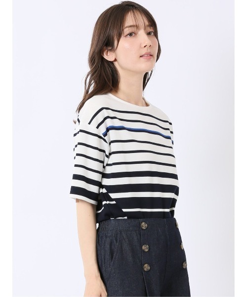 m.f.editorial(エムエフエディトリアル)の「【リラックス ややゆったり パネルボーダー】m.f.エディトリアル レディース レーヨン混 クルーネック 半袖 プルオーバー(Tシャツ/カットソー・レディース・ベージュ/ネイビー・MEDIUM/LARGE)」の7枚目の写真