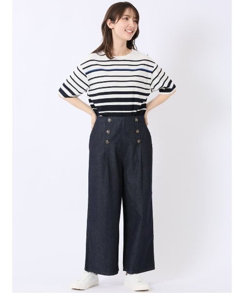 m.f.editorial(エムエフエディトリアル)の「【リラックス ややゆったり パネルボーダー】m.f.エディトリアル レディース レーヨン混 クルーネック 半袖 プルオーバー(Tシャツ/カットソー・レディース・ベージュ/ネイビー・MEDIUM/LARGE)」の6枚目の写真