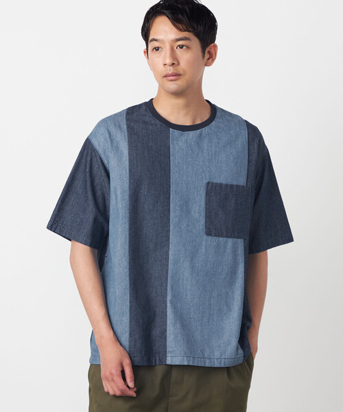 COMME CA ISM(コムサイズム)の「6オンスコットンデニム 切り替え半袖Tシャツ(Tシャツ/カットソー・メンズ・ネイビー・LARGE/MEDIUM)」の1枚目の写真