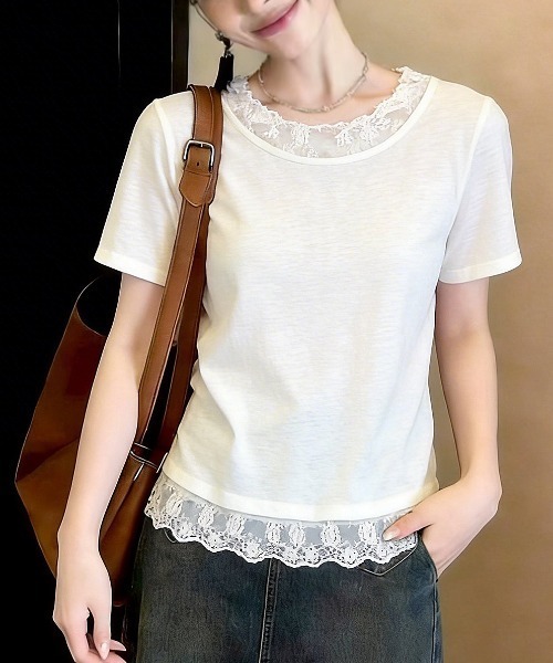 AMAJI(アマジ)の「ラウンドネックレース切替半袖Tシャツ(Tシャツ/カットソー・レディース・ホワイト/ライトグレー・X-LARGE/LARGE/MEDIUM/SMALL)」の1枚目の写真