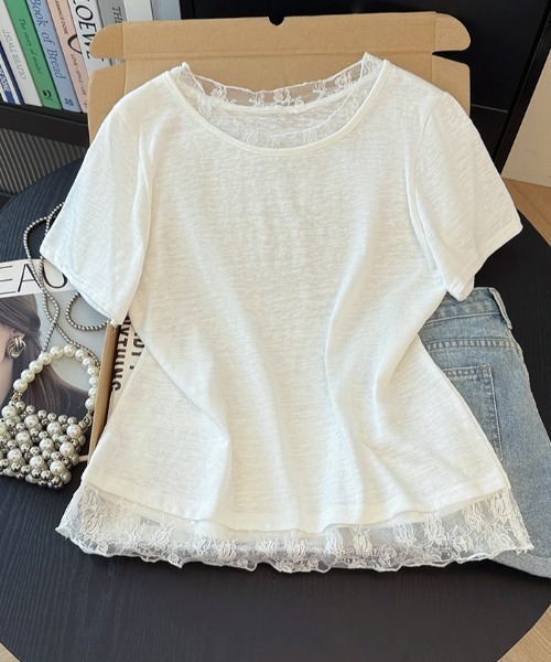 AMAJI(アマジ)の「ラウンドネックレース切替半袖Tシャツ(Tシャツ/カットソー・レディース・ホワイト/ライトグレー・X-LARGE/LARGE/MEDIUM/SMALL)」の3枚目の写真