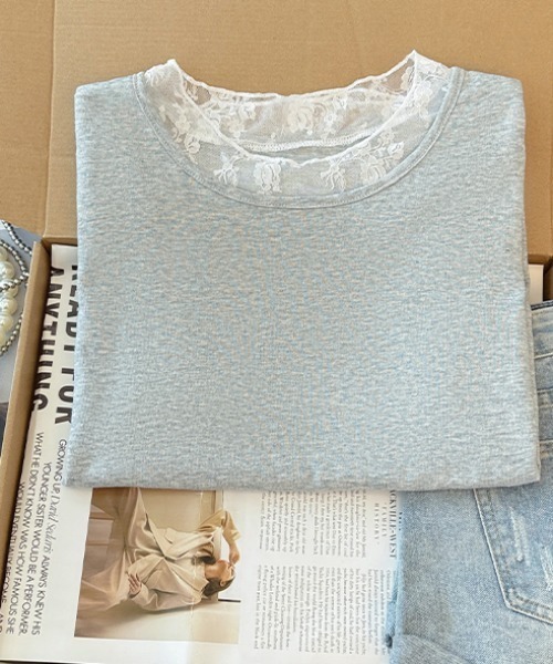 AMAJI(アマジ)の「ラウンドネックレース切替半袖Tシャツ(Tシャツ/カットソー・レディース・ホワイト/ライトグレー・X-LARGE/LARGE/MEDIUM/SMALL)」の5枚目の写真