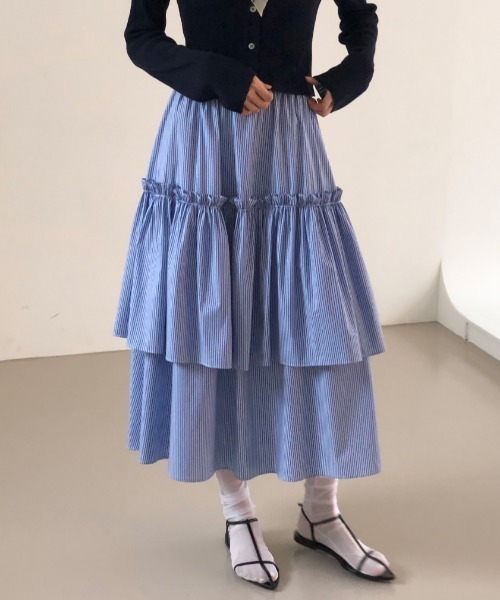 FAVORITO(ファヴォリート)の「フリルゴム付きスカート(スカート・レディース・ホワイト/ブルー・F)」の2枚目の写真