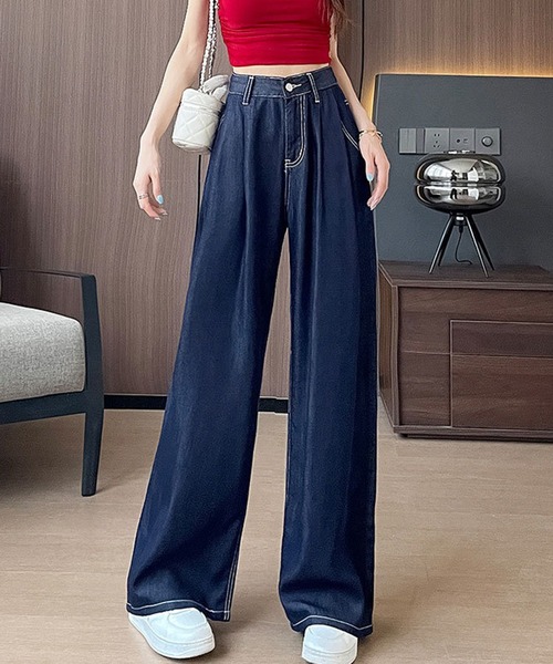 L LABEL（エルラベル）の「ボリュームタックセミワイドデニムパンツ（デニムパンツ・レディース・ホワイト/ダークインディゴブルー/ライトブルー・M-L/S-M）」の3枚目の写真