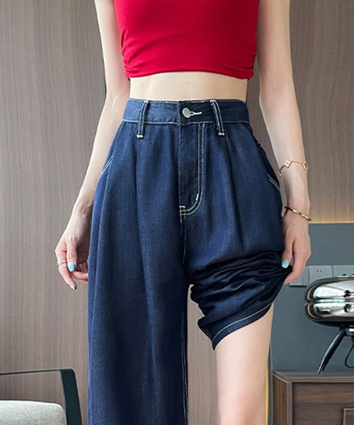 L LABEL（エルラベル）の「ボリュームタックセミワイドデニムパンツ（デニムパンツ・レディース・ホワイト/ダークインディゴブルー/ライトブルー・M-L/S-M）」の11枚目の写真