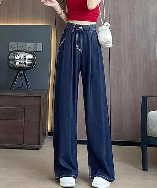 L LABEL（エルラベル）の「ボリュームタックセミワイドデニムパンツ（デニムパンツ・レディース・ホワイト/ダークインディゴブルー/ライトブルー・M-L/S-M）」の14枚目の写真