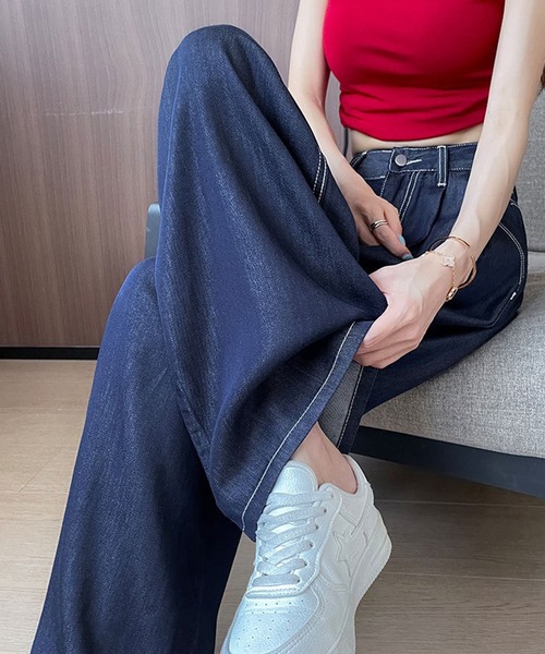 L LABEL（エルラベル）の「ボリュームタックセミワイドデニムパンツ（デニムパンツ・レディース・ホワイト/ダークインディゴブルー/ライトブルー・M-L/S-M）」の12枚目の写真