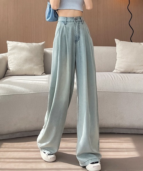 L LABEL（エルラベル）の「ボリュームタックセミワイドデニムパンツ（デニムパンツ・レディース・ホワイト/ダークインディゴブルー/ライトブルー・M-L/S-M）」の8枚目の写真