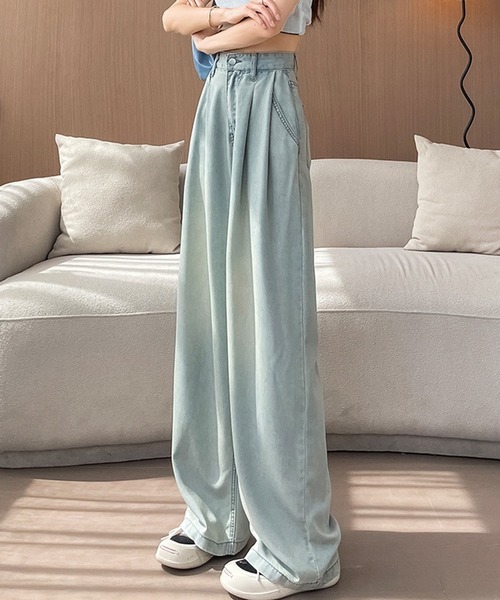 L LABEL（エルラベル）の「ボリュームタックセミワイドデニムパンツ（デニムパンツ・レディース・ホワイト/ダークインディゴブルー/ライトブルー・M-L/S-M）」の7枚目の写真