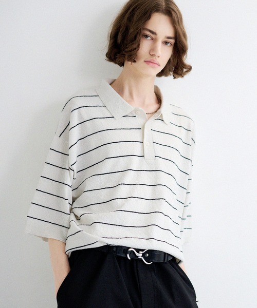 LILL(リル)の「ブークレハーフスリーブボーダーニットポロ(ポロシャツ・メンズ・チャコールグレー/ホワイト系その他/ブラック系その他・S/M/L/XL)」の7枚目の写真