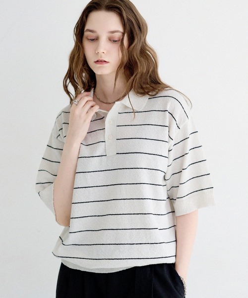 LILL(リル)の「ブークレハーフスリーブボーダーニットポロ(ポロシャツ・メンズ・チャコールグレー/ホワイト系その他/ブラック系その他・S/M/L/XL)」の17枚目の写真