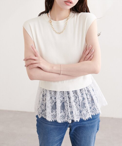 natural couture(ナチュラルクチュール)の「裾レースフレンチスリーブニットプルオーバー(ニット/セーター・レディース・オフホワイト/サックスブルー/ピンク系その他/ブラック/ミント/ブルー系その他・FREE)」の7枚目の写真
